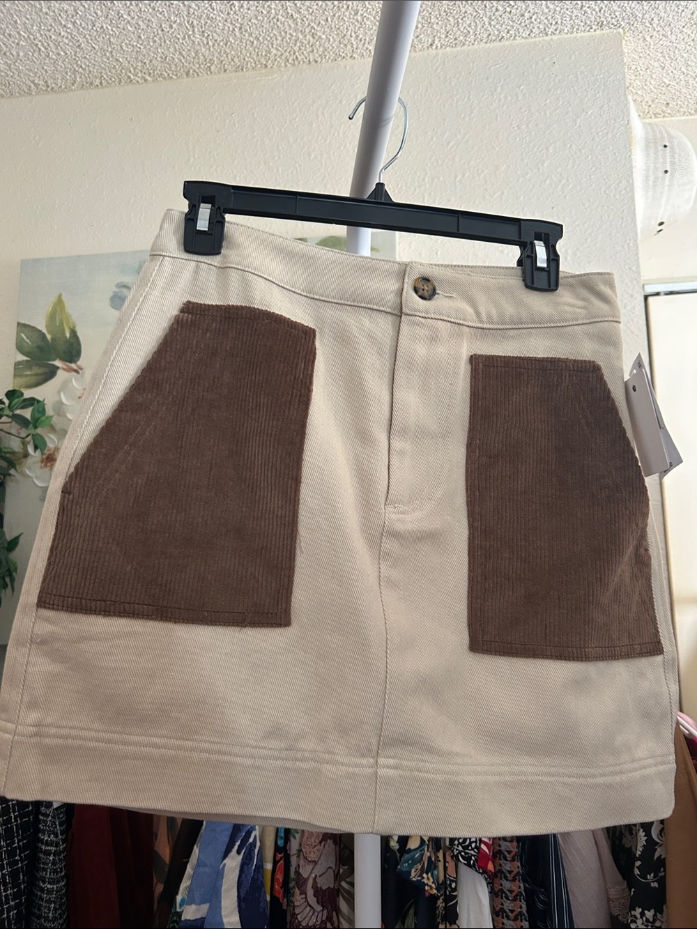 Beige Mini Skirt with Brown Corduroy Patches